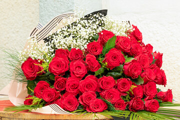 Close up photo of red roses.