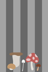北欧風きのこの背景　縦位置　グレーストライプ