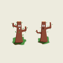 Two chopped off trees stand opposite each other with cartoon faces. One of them screams at the second tree. 