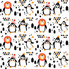 Baby seamless vector pattern. Cute, colored cartoon penguins on withe background. Kids texture for fabric, textile, clothing, wrapping paper, wallpaper. Vector illustration in pastel, retro colors.