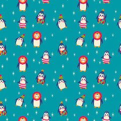 Baby seamless vector pattern. Cute, colored cartoon penguins on blue background. Kids texture for fabric, textile, clothing, wrapping paper, wallpaper. Vector illustration in pastel, retro colors.