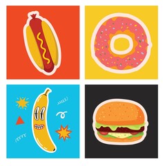 Big Set of Different colored Vector illustartion posters in Cartoon Flat design. Hand drawn Abstract shapes, funny Comic characters.