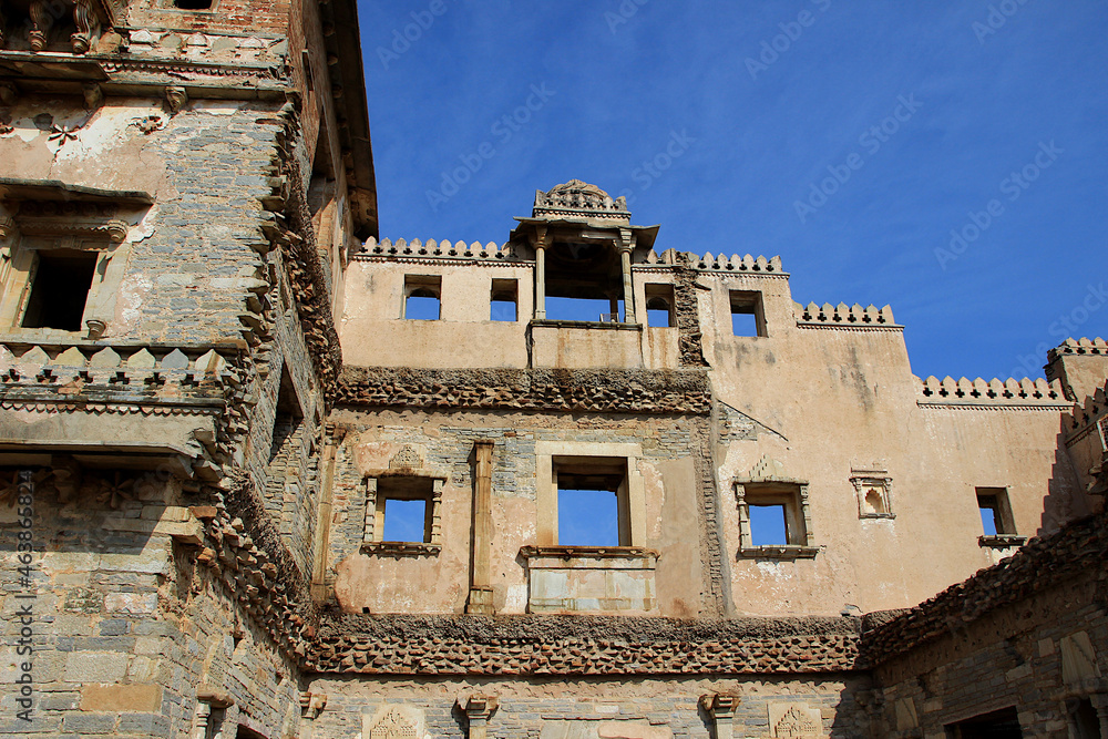 Sticker view of a portion of palace and gallery at kumbh mahal in chittorgarh fort, rajasthan, india