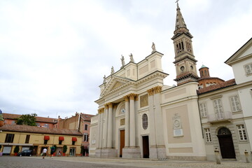Cattedrale di Alessandria. Cathedral of the Piedmontese city of Alessandria.Neoclassical facade with tympanum, columns and statues. 