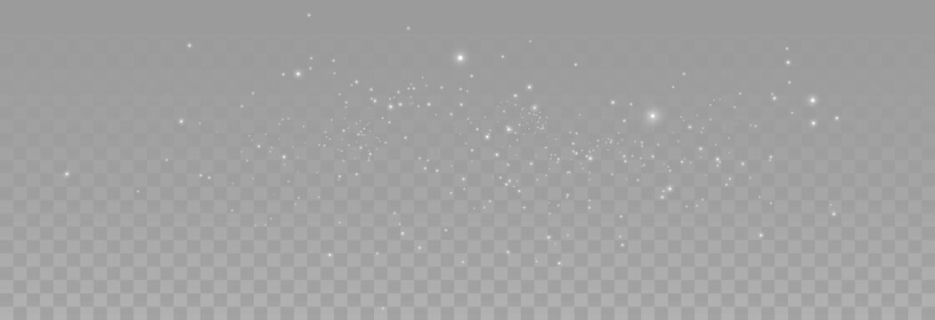Dust sparks glitter, star night sky, space, dusty shine light. Sparkling magical dust particles, white fairy dust. Christmas light effect and abstract pattern.  Vector illustration on png background.