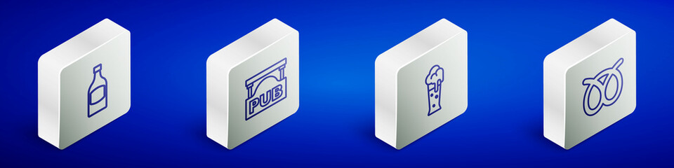 Set Isometric line Beer bottle, Street signboard with Pub, Glass of beer and Pretzel icon. Vector