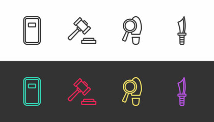 Set line Police assault shield, Judge gavel, Footsteps and Military knife on black and white. Vector