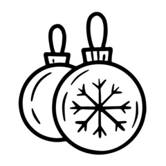 Fototapeta premium Christmas tree toys, snowflake balloons linear vector icon in doodle sketch style