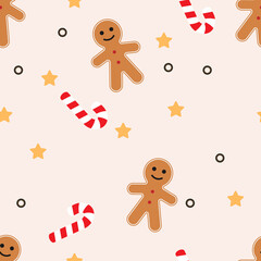 Seamless patern with Christmas set: asterisk, ginger bear, lollipop. Vector illustration