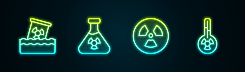 Set line Radioactive waste in barrel, Test tube radiation, and Meteorology thermometer. Glowing neon icon. Vector