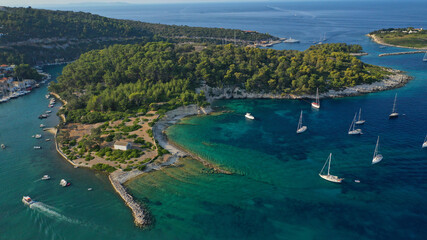 Fototapeta na wymiar Aerial drone photo of iconic port of Gaios a natural fjord bay ideal for safe anchorage in island of Paxos, Ionian, Greece