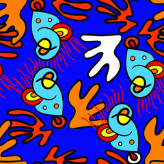 Fototapeta na wymiar Unique abstract seamless pattern with cartoon psychedelic elements