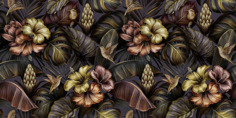 Fototapety  Gold hibiscus flowers bouquets, protea flowers, banana leaves, palm, hummingbirds. Tropical exotic vintage seamless pattern. Hand-drawn 3D illustration. Good for luxury wallpapers, cloth, fabric print