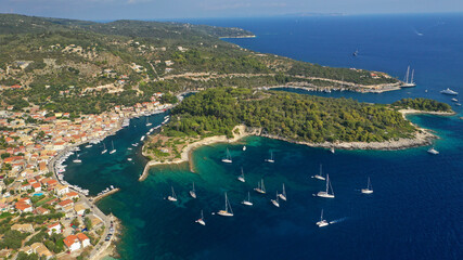 Aerial drone photo of iconic port of Gaios a natural fjord bay ideal for safe anchorage in island...