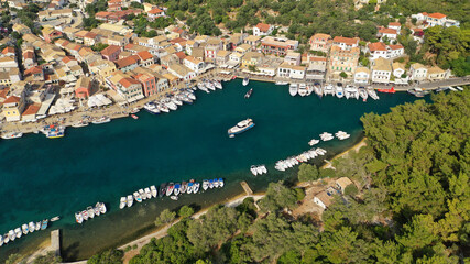 Aerial drone photo of iconic port of Gaios a natural fjord bay ideal for safe anchorage in island...