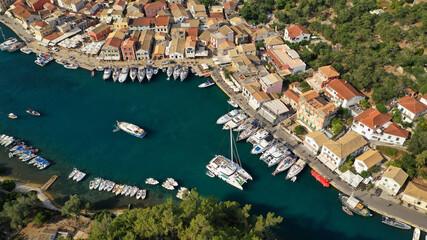 Aerial drone photo of iconic port of Gaios a natural fjord bay ideal for safe anchorage in island...