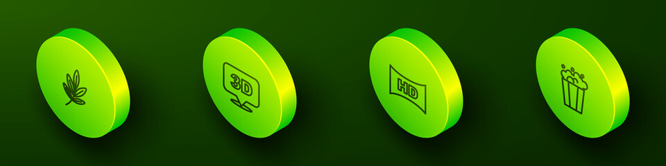 Set Isometric line Movie trophy, 3D word, Hd movie, tape, frame and Popcorn in cardboard box icon. Vector