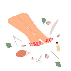 Female legs with a pedicure. Pedicure and manicure and pedicure tools. Toenail and toenail care. Beauty and spa treatments.