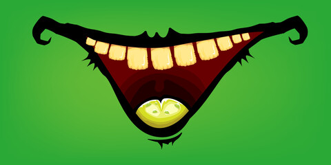 Vector cartoon funny zombie monster mouth with rotten teeth isolated on green background. Vector happy Halloween kids t-shirt design template with funky monster mouth
