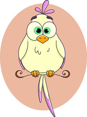Cute cartoon white parrot with a tuft and purple wings. Macaw parrot. A plump little bird. The bird is sitting on an ancient perch. A pet. A wild bird. Funny children's character. Vector.