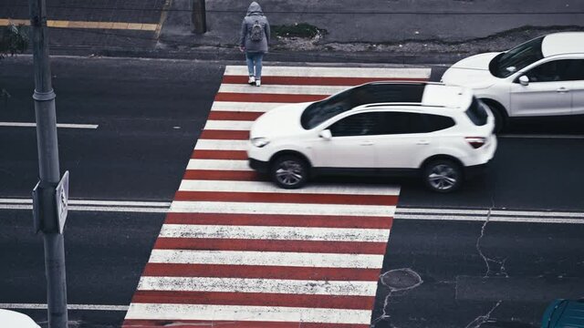Female pedestrian crossing the road on crosswalk, cars stopping to give way. Street traffic with zebra crossing