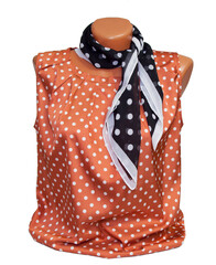 Women's silk scarf black with white polka dots. on a mannequin and a pink jacket with white polka...