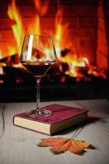 Dry Glass Of Red Wine on Book and Fireplace