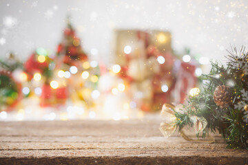 Wooden table and christmas lights background