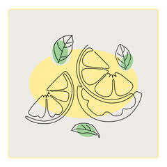 Hand-drawn lineart lemons and leaves on geometric background of colored spots 
