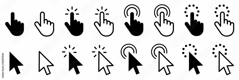 Poster Computer mouse click cursor gray arrow icons set and loading icons. Set of Hand Cursor icons click and Cursor icons click. Vector illustration.