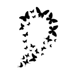 Flock of silhouette black butterflies on white background. Vector