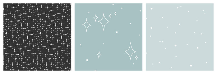 Night sky and stars seamless pattern set in soft blue and black colours for baby boy clothing.