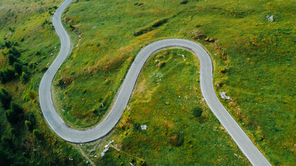 Aerial view of green fields, coniferous forest and narrow road in the Alps. Pathway in the mountains, directly above.