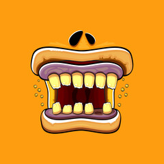 Vector cartoon funny silly zombie monster mouth with rotten teeth isolated on orange background. Vector happy Halloween kids t-shirt design template with funky monster mouth