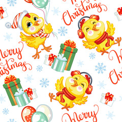 Vector seamless pattern with Christmas chickens