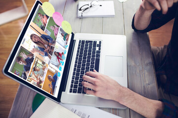 Hands of man using laptop for video call, with smiling diverse elementary school pupils on screen