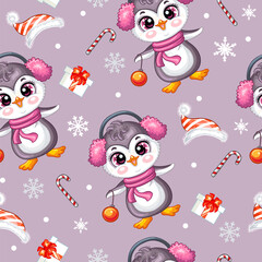 Vector seamless pattern with penguins and Christmas
