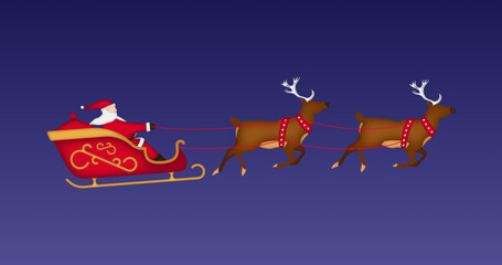 Animation of santa claus with christmas presents in sleigh with reindeer on purple background © vectorfusionart
