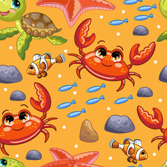 Seamless vector pattern with crab, turtle and fishes