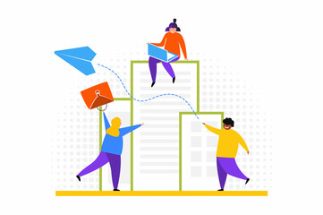 Tiny employees working online. Communication, internet, freedom flat vector illustration. Freelance and network concept for banner, website design or landing web page.