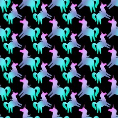Seamless pattern with gradient unicorn on black background 