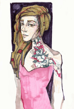 Stylized girl with tattoos, long hair with dreadlock. cartoon realistic character portrait marker sketch draving 
illustration with traditional materials watercolor, pencil,  portrait in  flat style