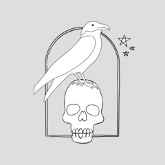 Vintage Mystic Crow sitting on human skull inside arch. Witch black raven Illustration