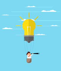 Successful Businessman on Air Balloon Light Bulb in the Sky Looking into the Future. Idea generation and enlightenment concept.