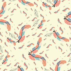 Colorful cute seamless pattern with variety of feathers