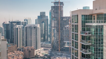 Dubai skyscrapers in business bay district timelapse.