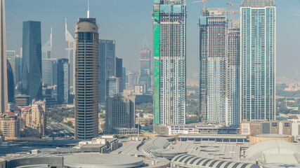 Aerial view of Dubai International Financial Centre DIFC district timelapse