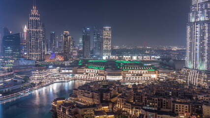 Aerial view of Dubai International Financial Centre district night timelapse
