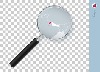 Nepal map with flag in magnifying glass on transparent background.