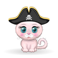 Cat pirate, cartoon character of the game, wild animal cat in a bandana and a cocked hat with a skull, with an eye patch. Character with bright eyes